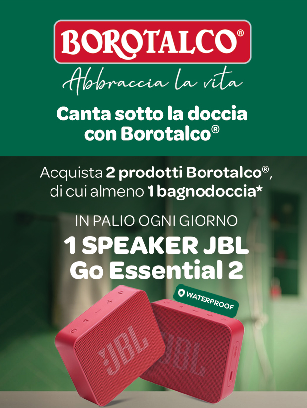 Immagine smartphone: Borotalco Abbraccia la vita, acquista 2 prodotti Borotalco di cui almeno 1 bagnodoccia in palio ogni giorno 1 speaker JBL Go essential 2