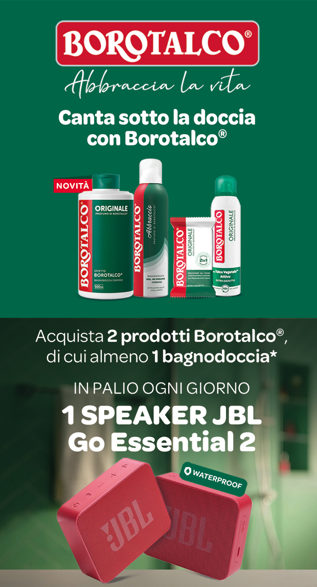 Immagine smartphone: Borotalco Abbraccia la vita, acquista 2 prodotti Borotalco di cui almeno 1 bagnodoccia in palio ogni giorno 1 speaker JBL Go essential 2